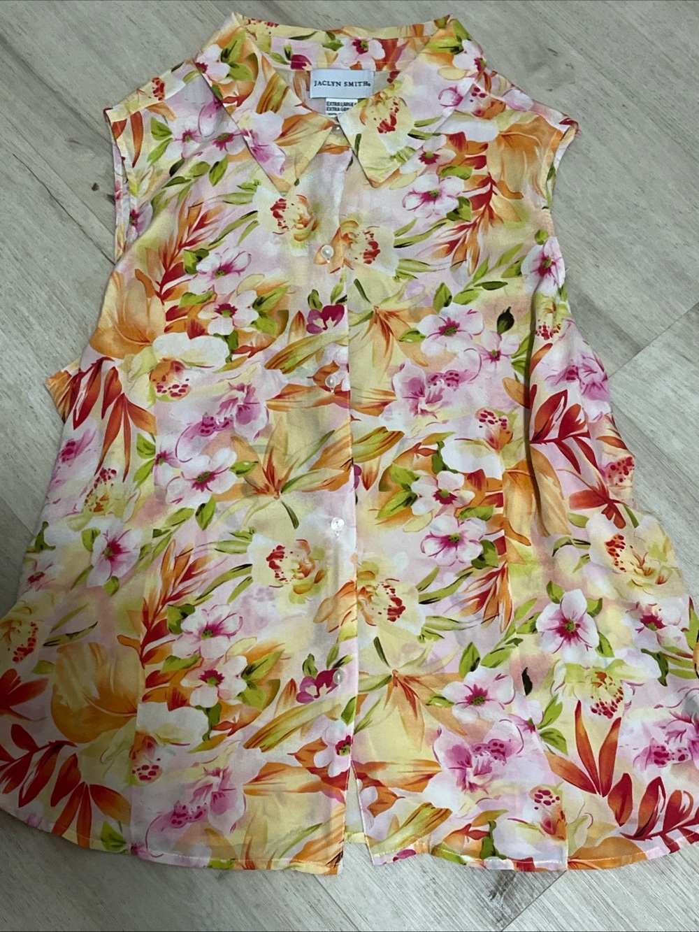 Jaclyn Smith Floral Button-Down 100%Silk Sleeveless Shirt in Pink, Peach, Green
